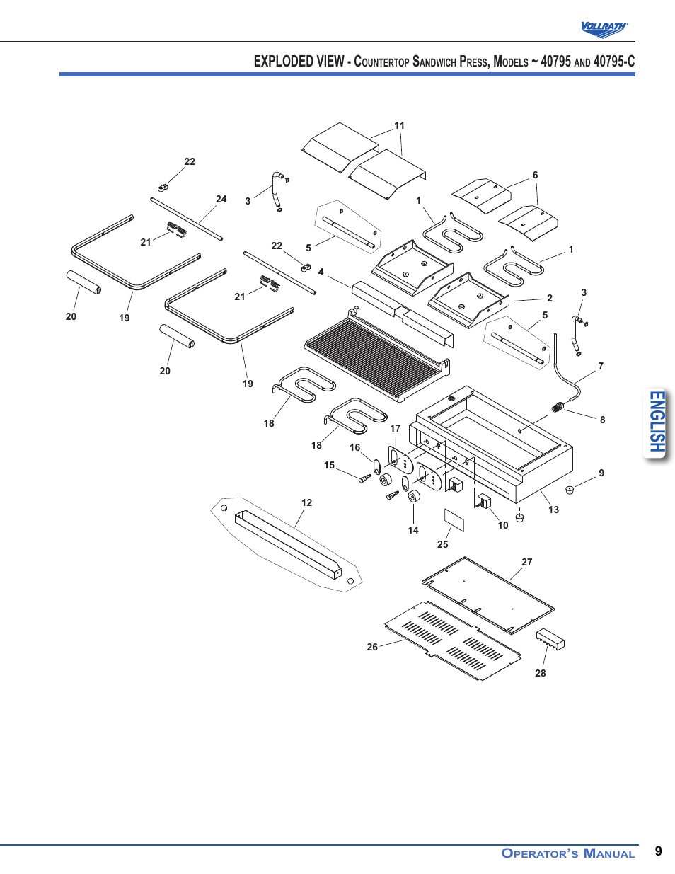 English, Exploded view - c | Vollrath Cayenne Cast Iron Plate Sandwich Presses, Panini Style User Manual | Page 9 / 10