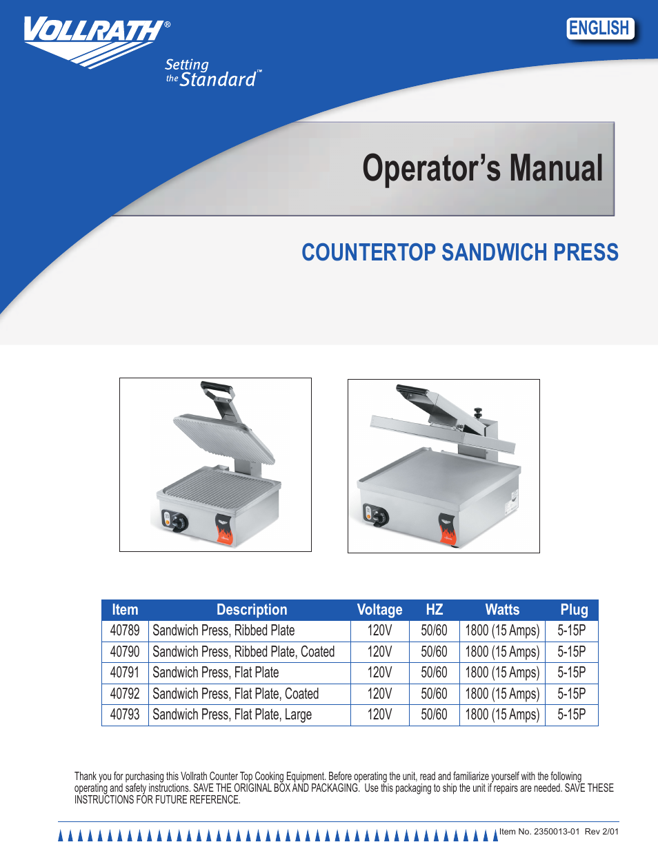 Vollrath Cayenne Sandwich Presses User Manual | 12 pages