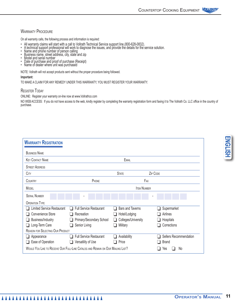 English | Vollrath Cayenne Sandwich Presses User Manual | Page 11 / 12