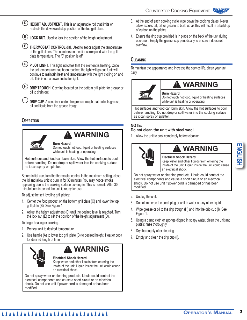 English, Warning | Vollrath Cayenne Sandwich Presses User Manual | Page 3 / 12