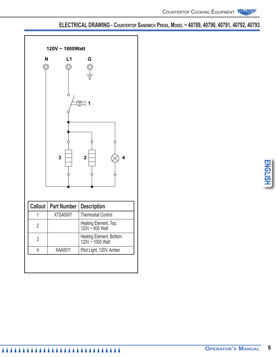 English, Callout part number description, Electrical drawing - c | Vollrath Cayenne Sandwich Presses User Manual | Page 5 / 12