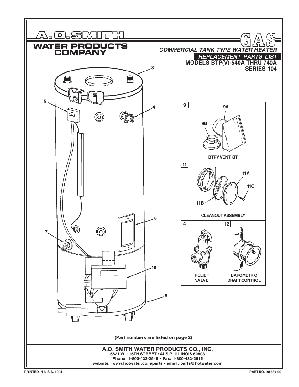 A.O. Smith BTP(V)-540A User Manual | 6 pages