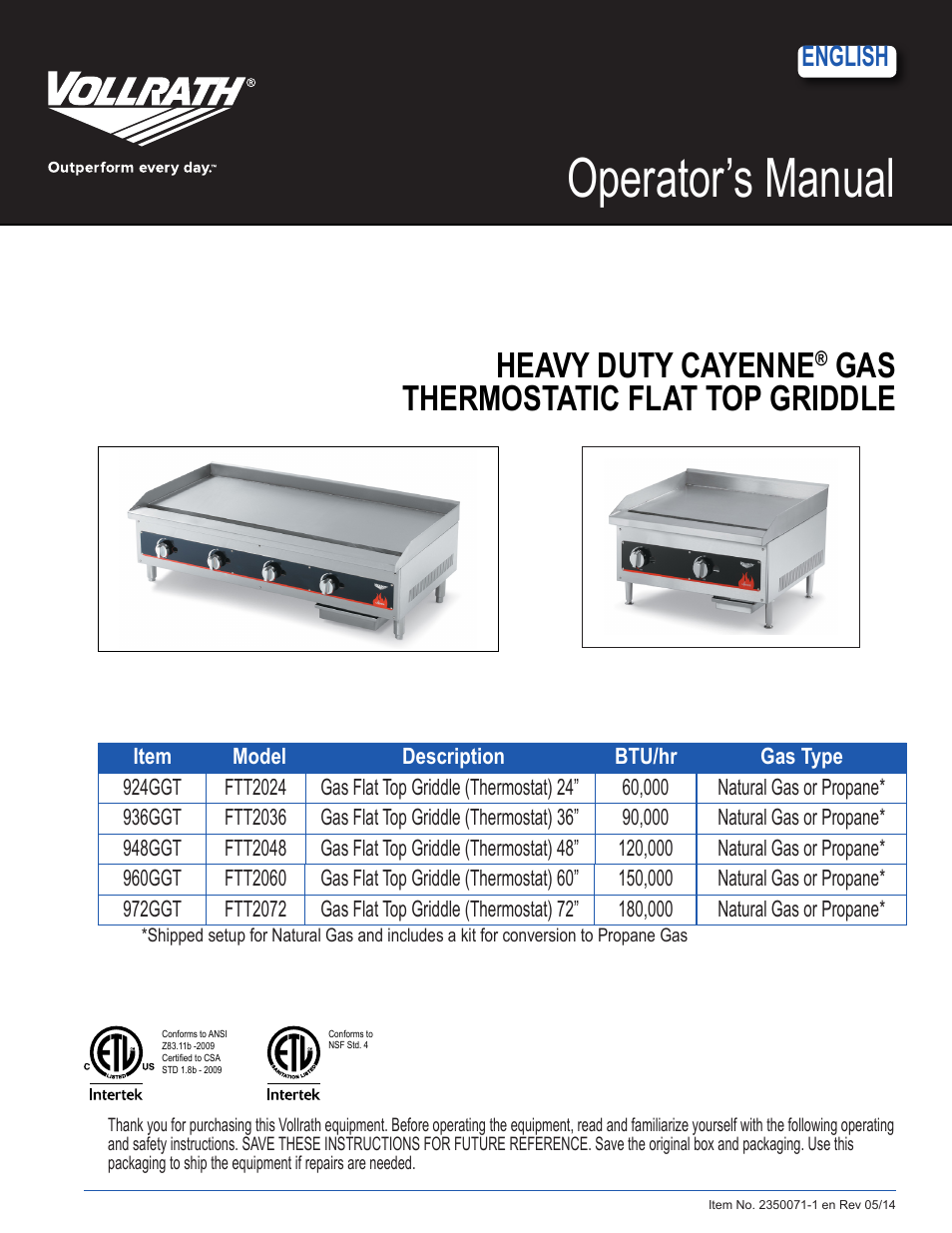 Vollrath Cayenne Heavy-Duty Thermostatic Griddles User Manual | 5 pages