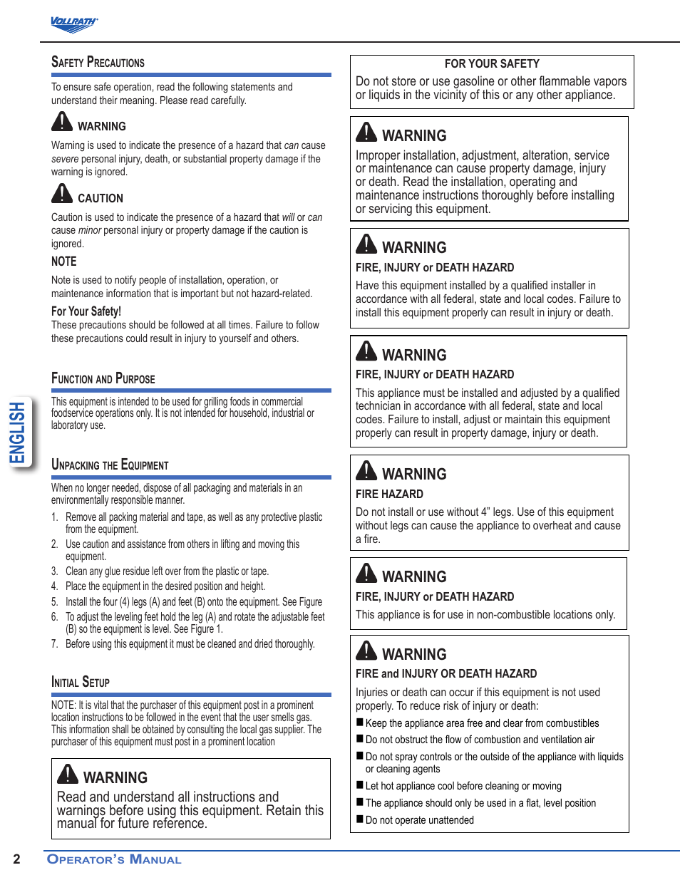 English, Warning | Vollrath Cayenne Heavy-Duty Thermostatic Griddles User Manual | Page 2 / 5