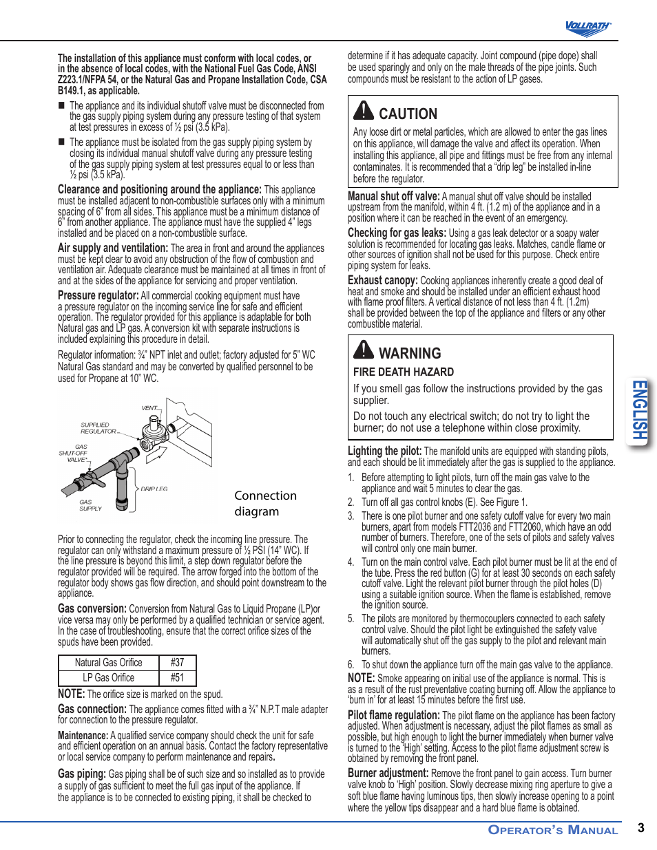 English, Caution, Warning | Vollrath Cayenne Heavy-Duty Thermostatic Griddles User Manual | Page 3 / 5