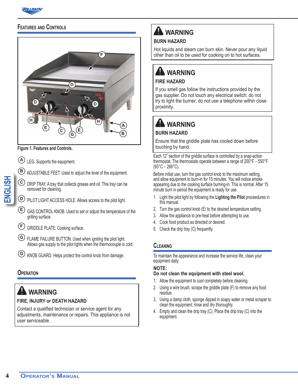 English, Warning | Vollrath Cayenne Heavy-Duty Thermostatic Griddles User Manual | Page 4 / 5