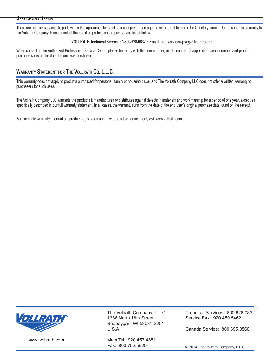 L.l.c | Vollrath Cayenne Heavy-Duty Thermostatic Griddles User Manual | Page 5 / 5