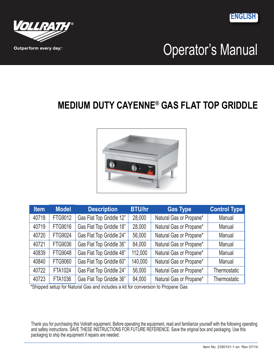 Vollrath Cayenne Gas Flat Top Griddles User Manual | 6 pages