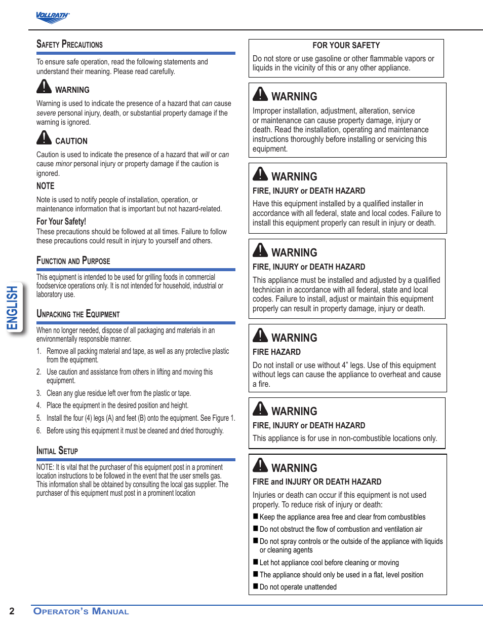 English, Warning | Vollrath Cayenne Gas Flat Top Griddles User Manual | Page 2 / 6