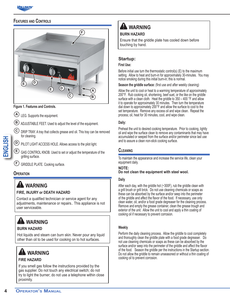 English, Warning | Vollrath Cayenne Gas Flat Top Griddles User Manual | Page 4 / 6