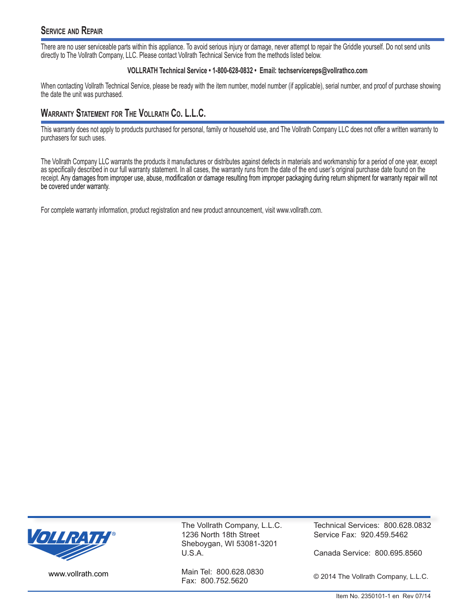 L.l.c | Vollrath Cayenne Gas Flat Top Griddles User Manual | Page 6 / 6