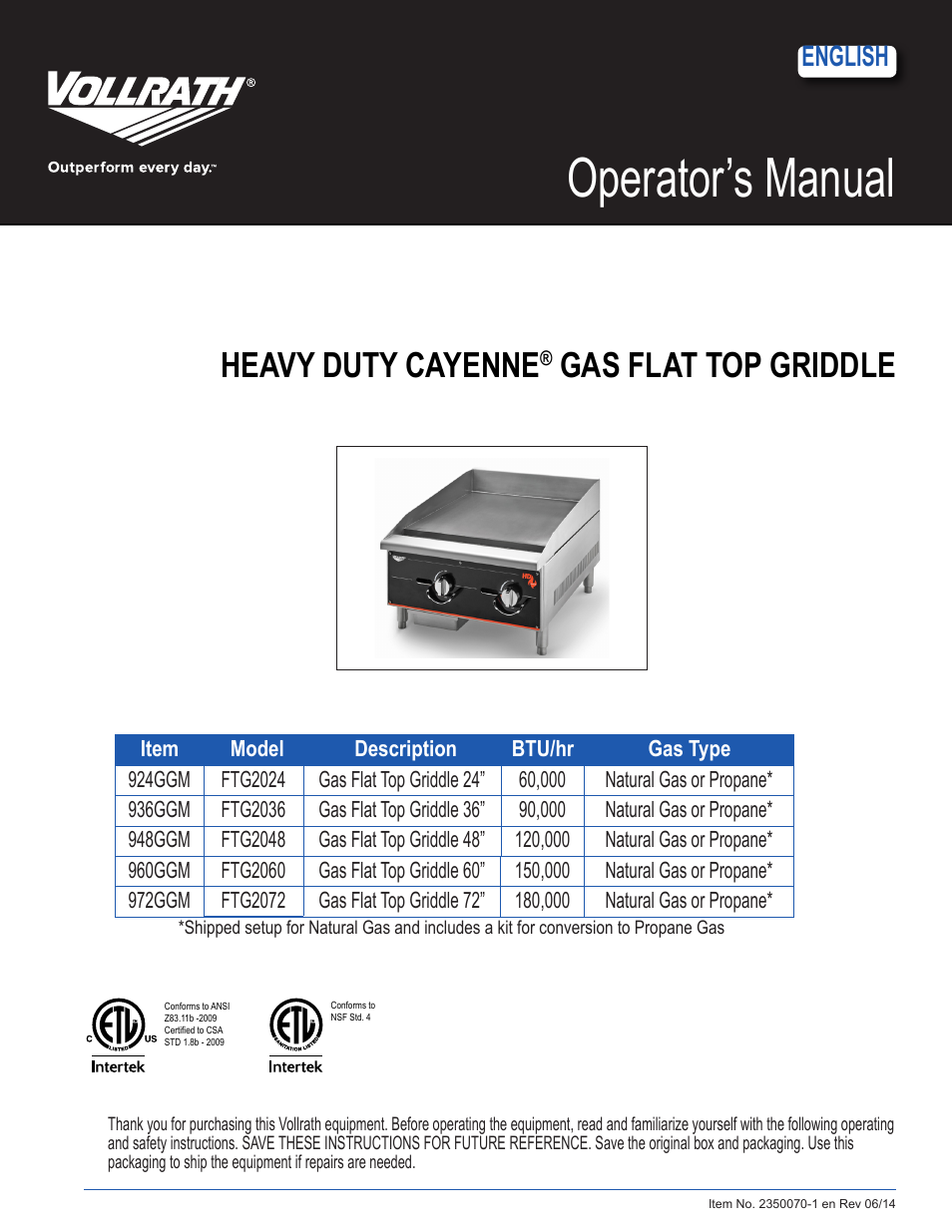 Vollrath Cayenne Heavy-Duty Flat Top Griddles User Manual | 6 pages