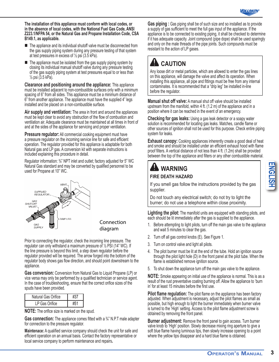 English, Caution, Warning | Vollrath Cayenne Heavy-Duty Flat Top Griddles User Manual | Page 3 / 6