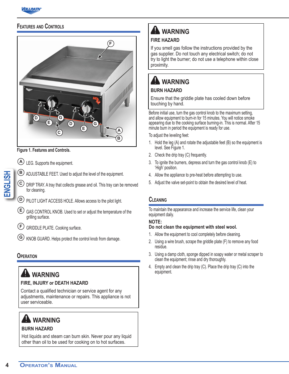 English, Warning | Vollrath Cayenne Heavy-Duty Flat Top Griddles User Manual | Page 4 / 6