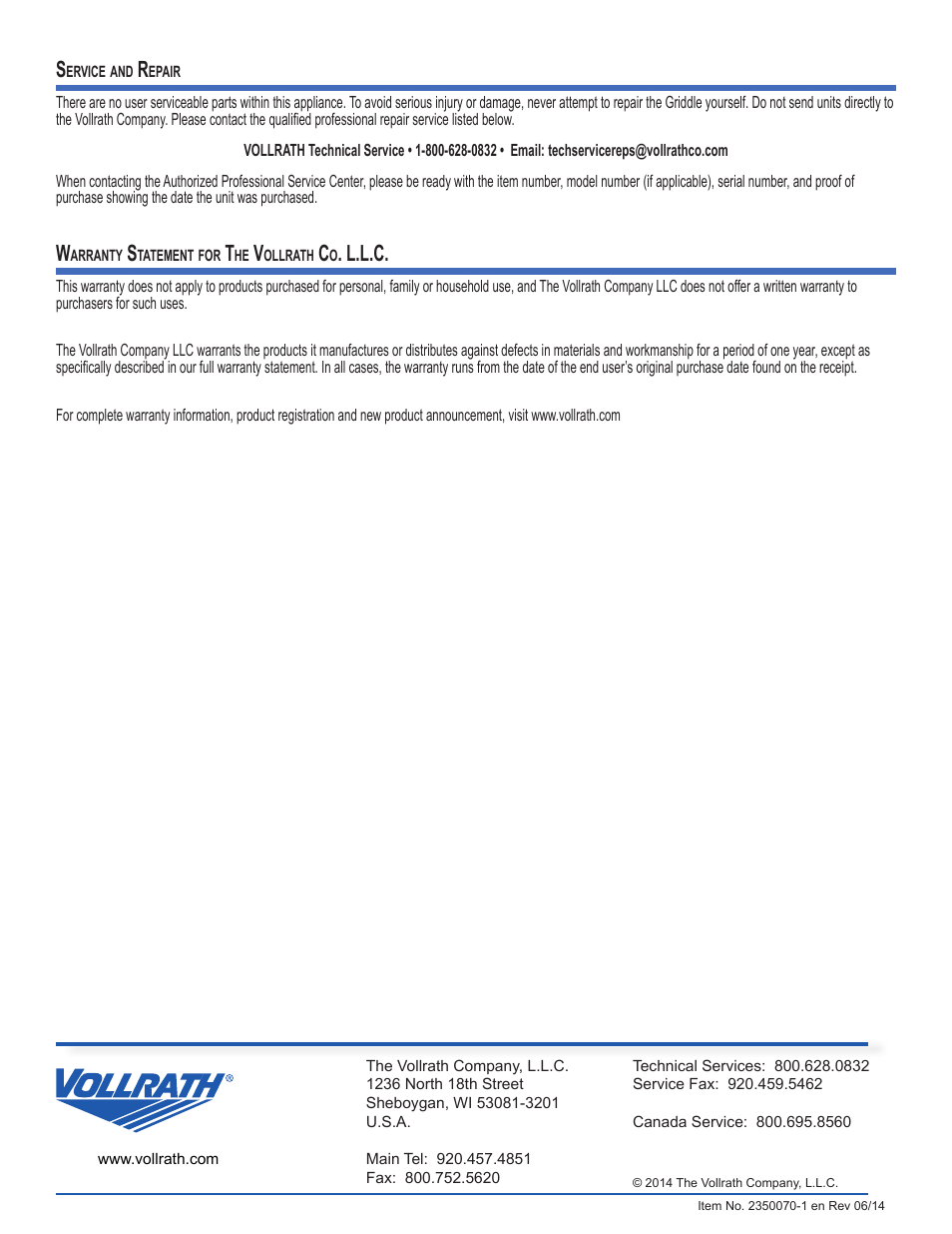 L.l.c | Vollrath Cayenne Heavy-Duty Flat Top Griddles User Manual | Page 6 / 6