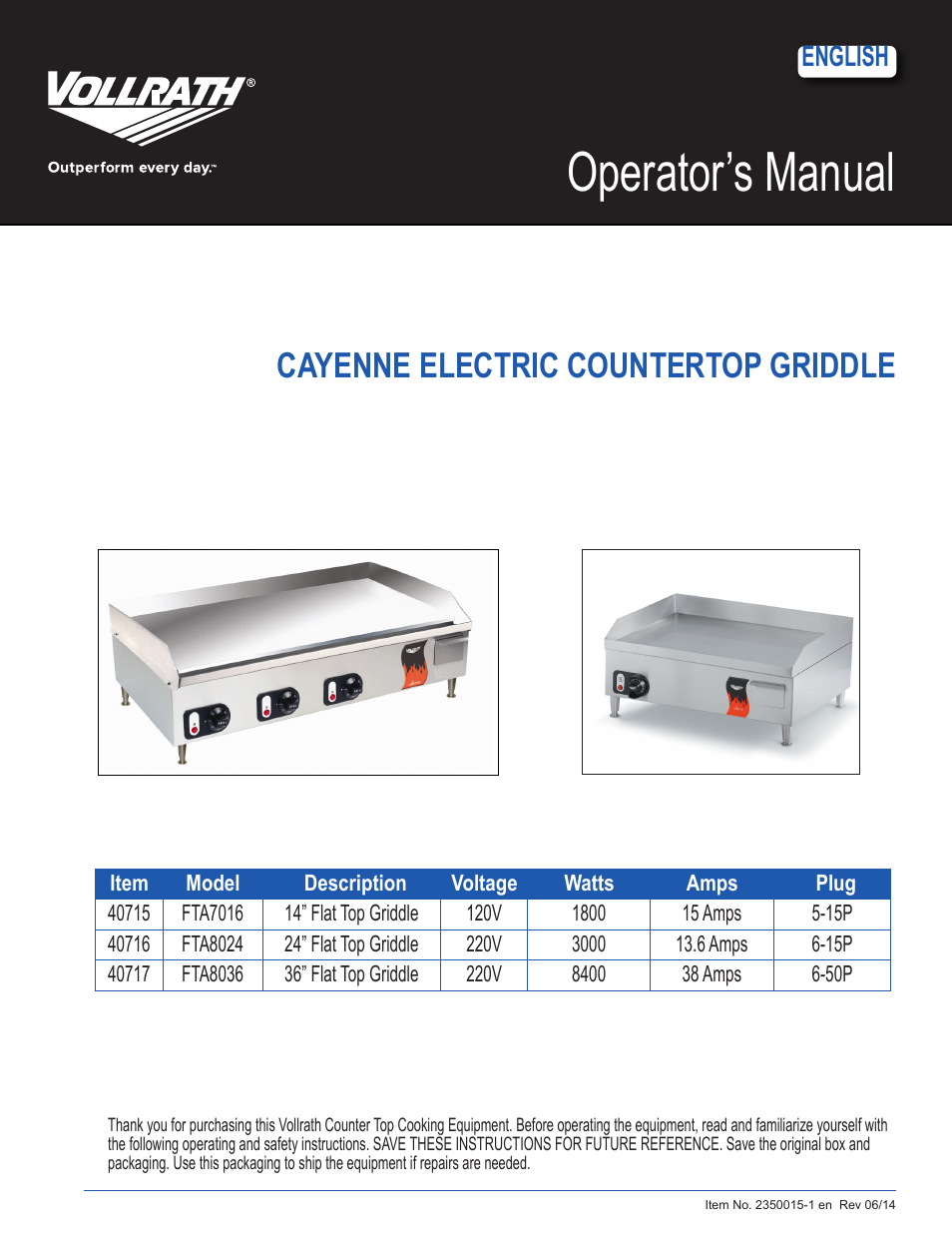 Vollrath Cayenne Electric Griddles User Manual | 12 pages