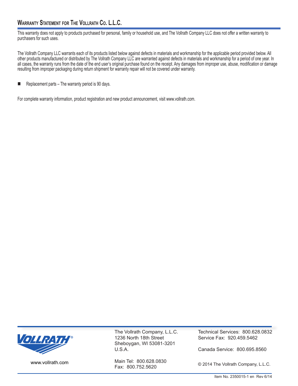 L.l.c | Vollrath Cayenne Electric Griddles User Manual | Page 12 / 12