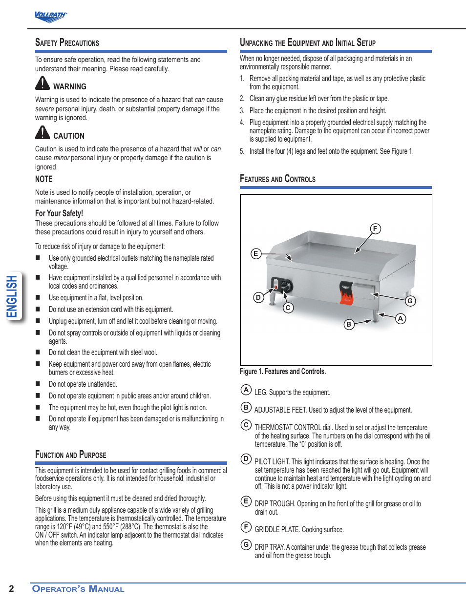 English | Vollrath Cayenne Electric Griddles User Manual | Page 2 / 12