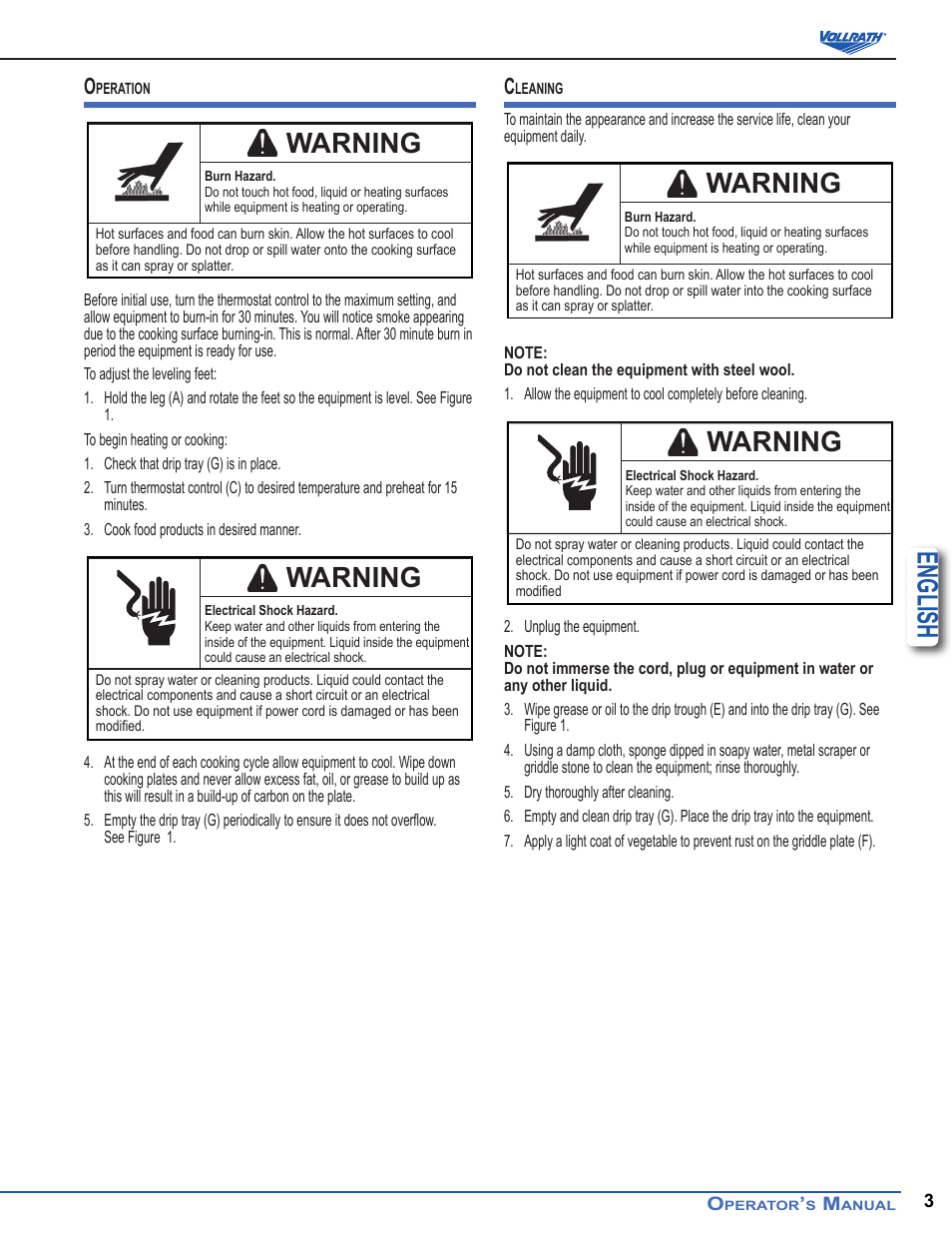 English, Warning | Vollrath Cayenne Electric Griddles User Manual | Page 3 / 12