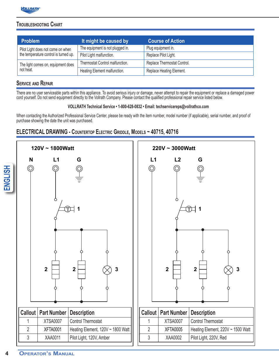 English, Callout part number description, Electrical drawing - c | Vollrath Cayenne Electric Griddles User Manual | Page 4 / 12
