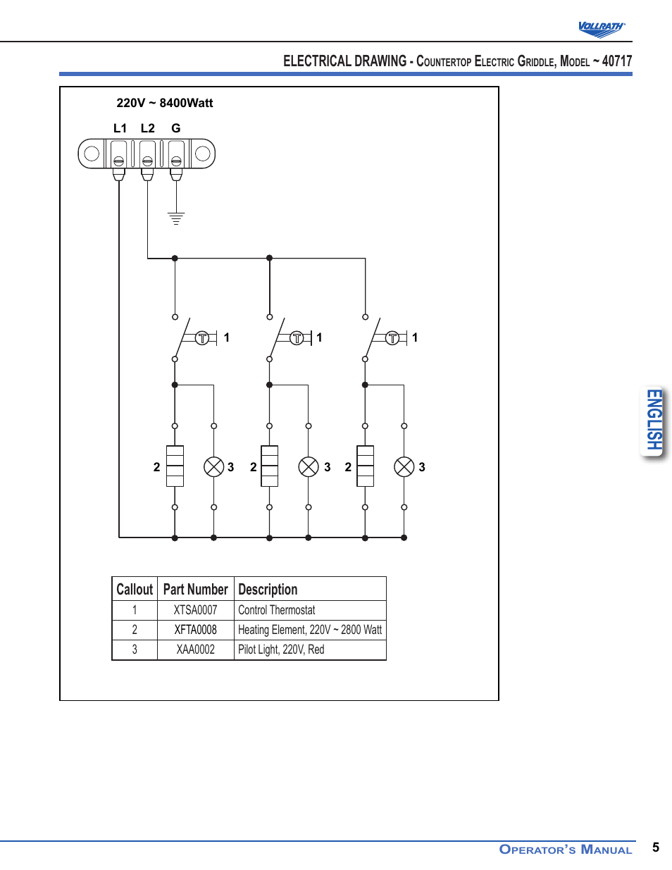 English, Electrical drawing - c, Callout part number description | Vollrath Cayenne Electric Griddles User Manual | Page 5 / 12