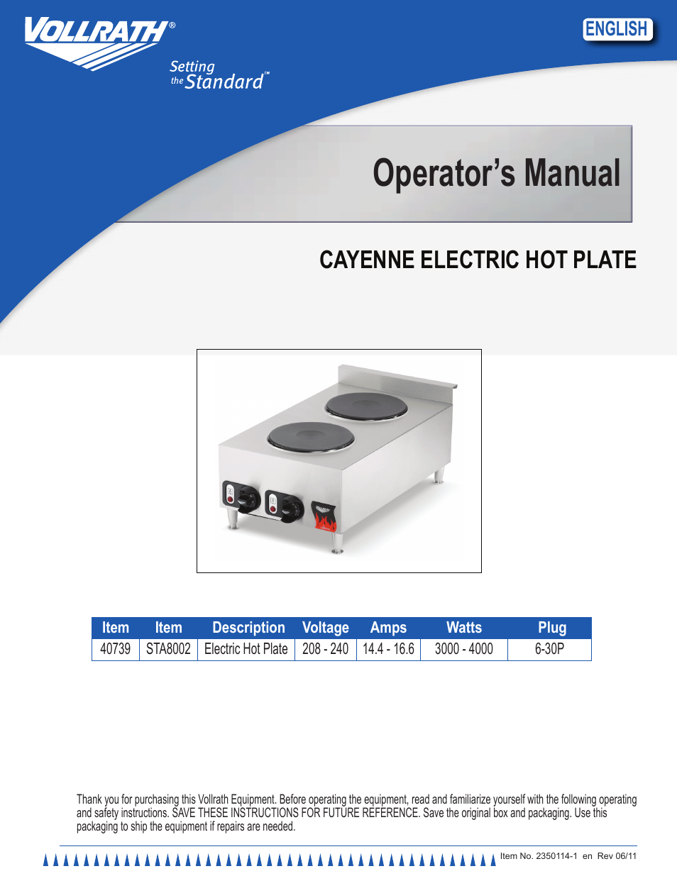 Vollrath Electric Hot Plate User Manual | 9 pages