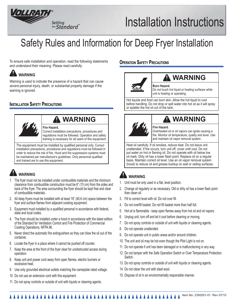 Vollrath Cayenne 10 lb Standard Duty Electric Fryers Installation Instructions User Manual | 2 pages