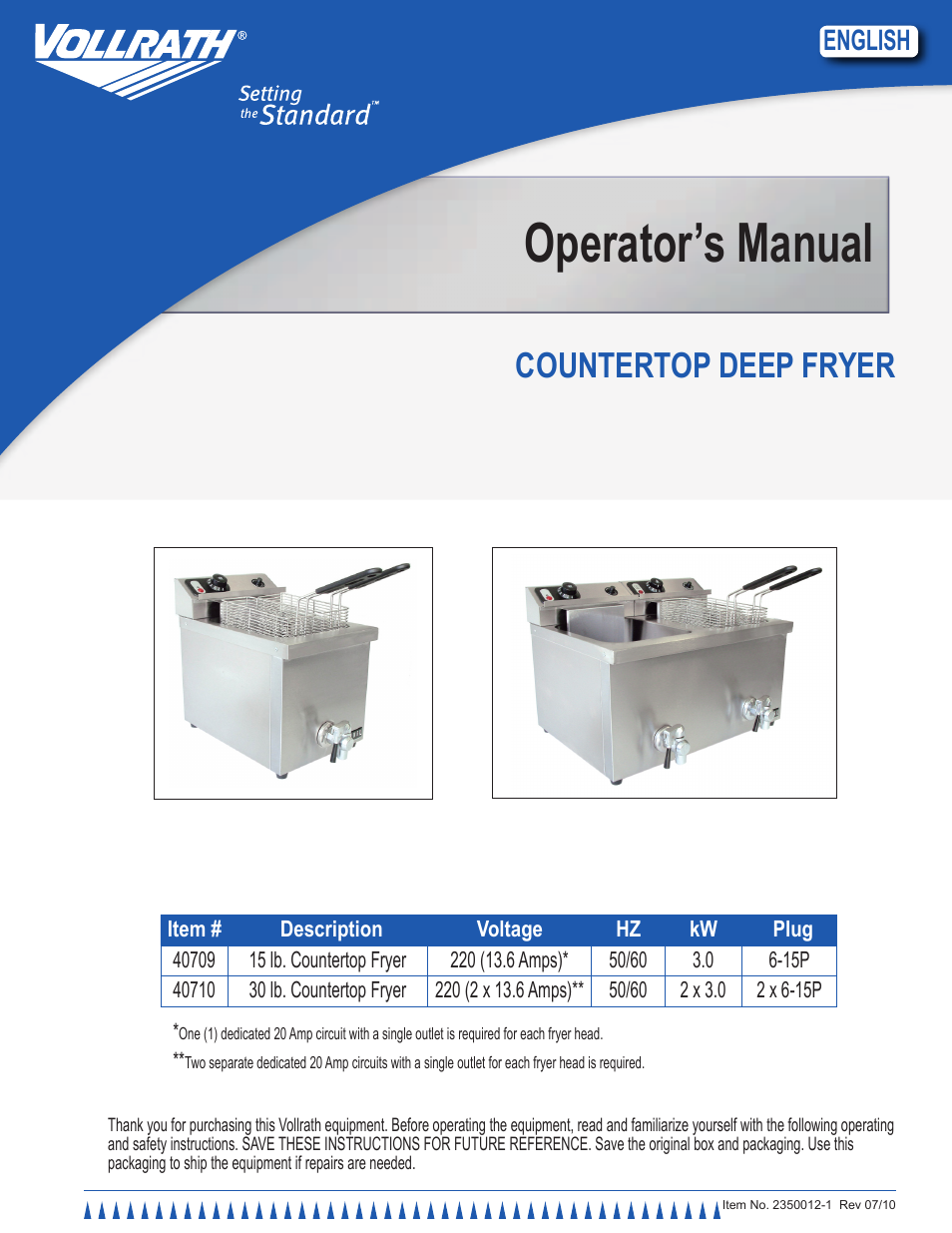Vollrath Cayenne 15 Lb Medium Duty Electric Fryers Operator Manual User Manual | 12 pages