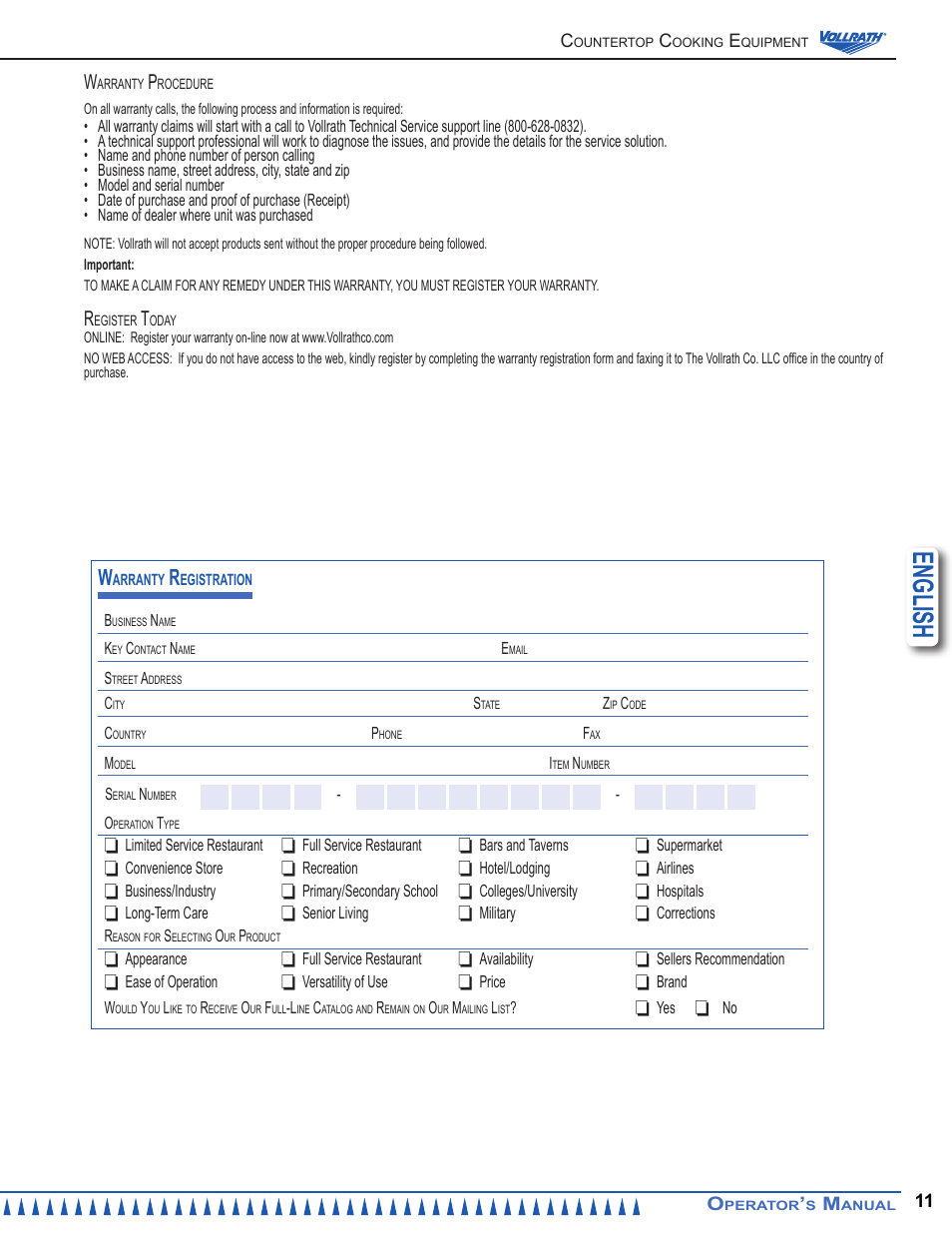 English | Vollrath Cayenne 15 Lb Medium Duty Electric Fryers Operator Manual User Manual | Page 11 / 12