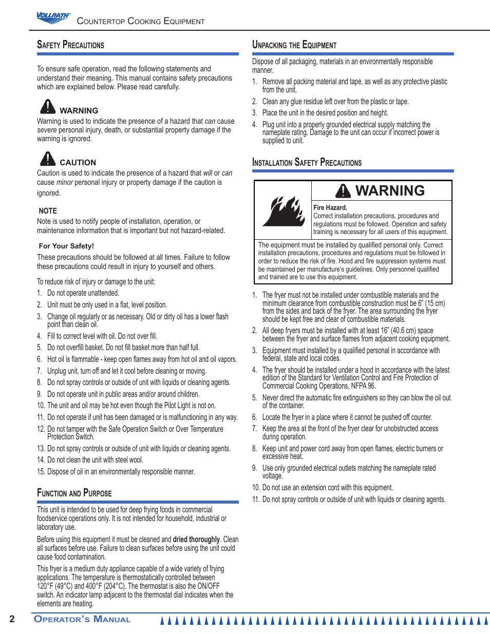 Warning | Vollrath Cayenne 15 Lb Medium Duty Electric Fryers Operator Manual User Manual | Page 2 / 12