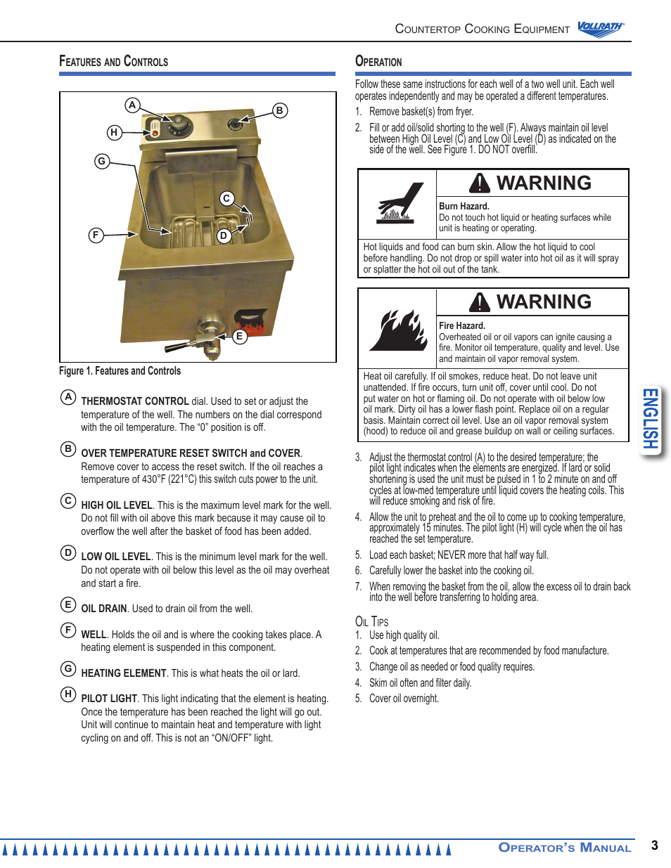 English, Warning | Vollrath Cayenne 15 Lb Medium Duty Electric Fryers Operator Manual User Manual | Page 3 / 12