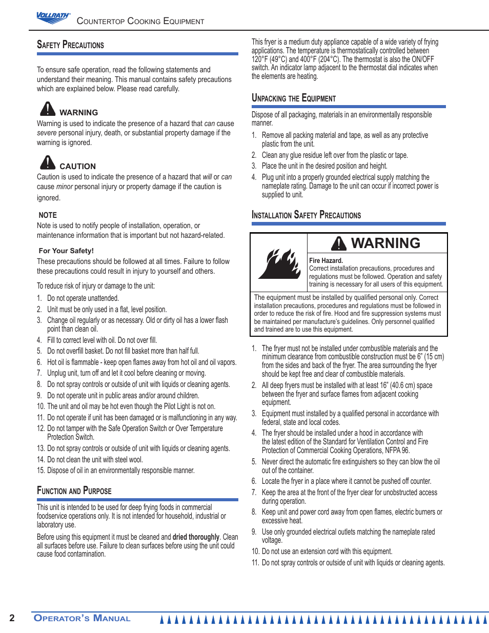 Warning | Vollrath Cayenne 10 lb Standard Duty Electric Fryers Operator Manual User Manual | Page 2 / 12