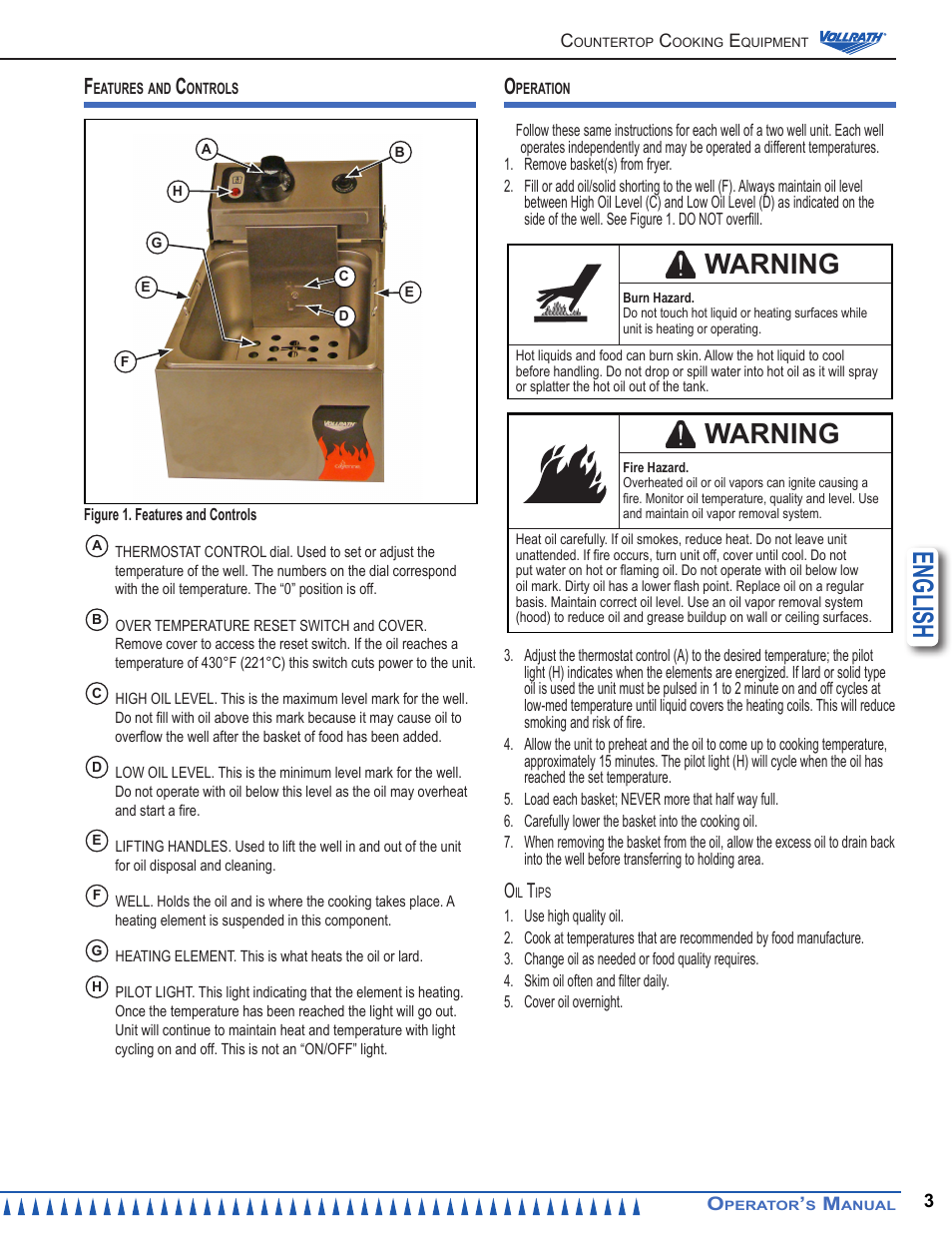 English, Warning | Vollrath Cayenne 10 lb Standard Duty Electric Fryers Operator Manual User Manual | Page 3 / 12