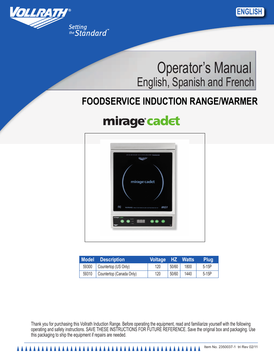 Vollrath Mirage Cadet G1 1800 Watt Countertop Induction Ranges User Manual | 24 pages