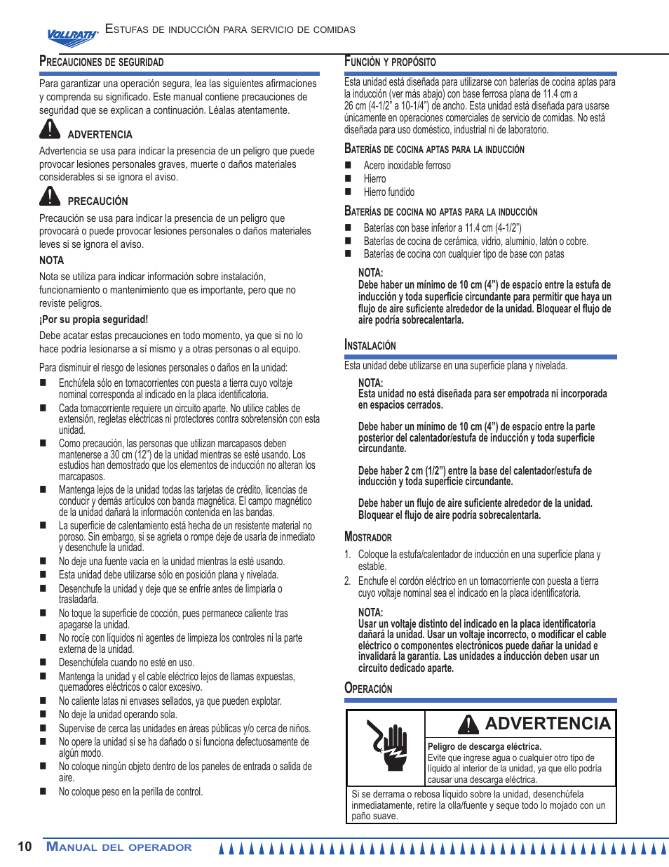 Advertencia | Vollrath Mirage Cadet G1 1800 Watt Countertop Induction Ranges User Manual | Page 10 / 24