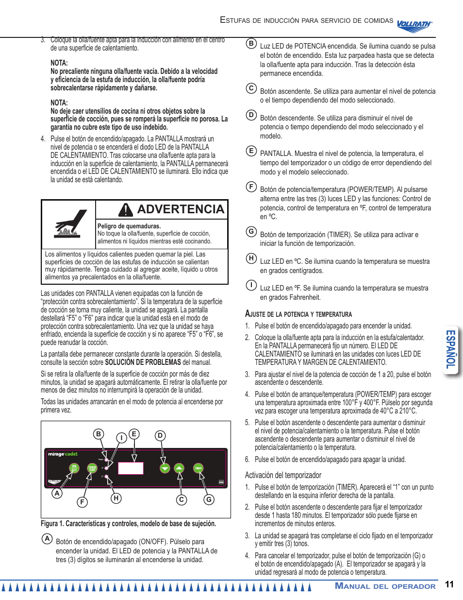 Esp añol, Advertencia | Vollrath Mirage Cadet G1 1800 Watt Countertop Induction Ranges User Manual | Page 11 / 24