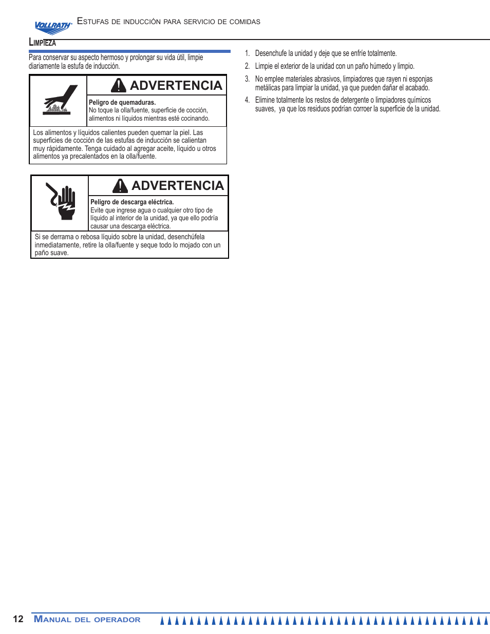 Advertencia | Vollrath Mirage Cadet G1 1800 Watt Countertop Induction Ranges User Manual | Page 12 / 24