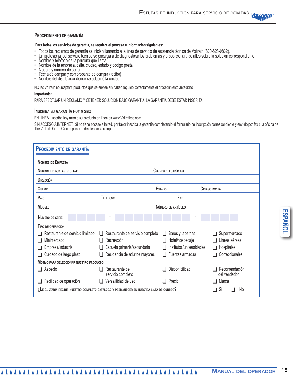 Esp añol | Vollrath Mirage Cadet G1 1800 Watt Countertop Induction Ranges User Manual | Page 15 / 24