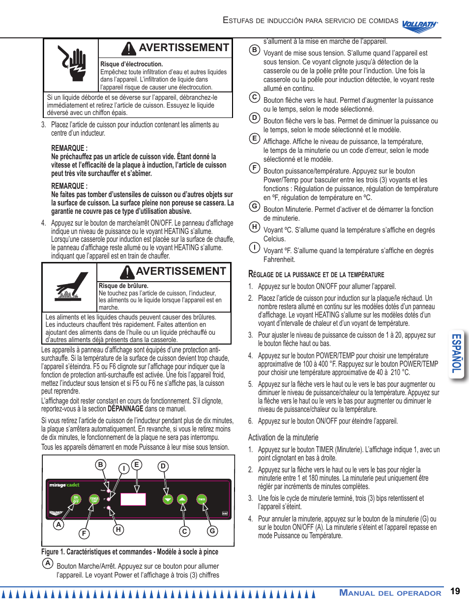 Esp añol, Avertissement | Vollrath Mirage Cadet G1 1800 Watt Countertop Induction Ranges User Manual | Page 19 / 24