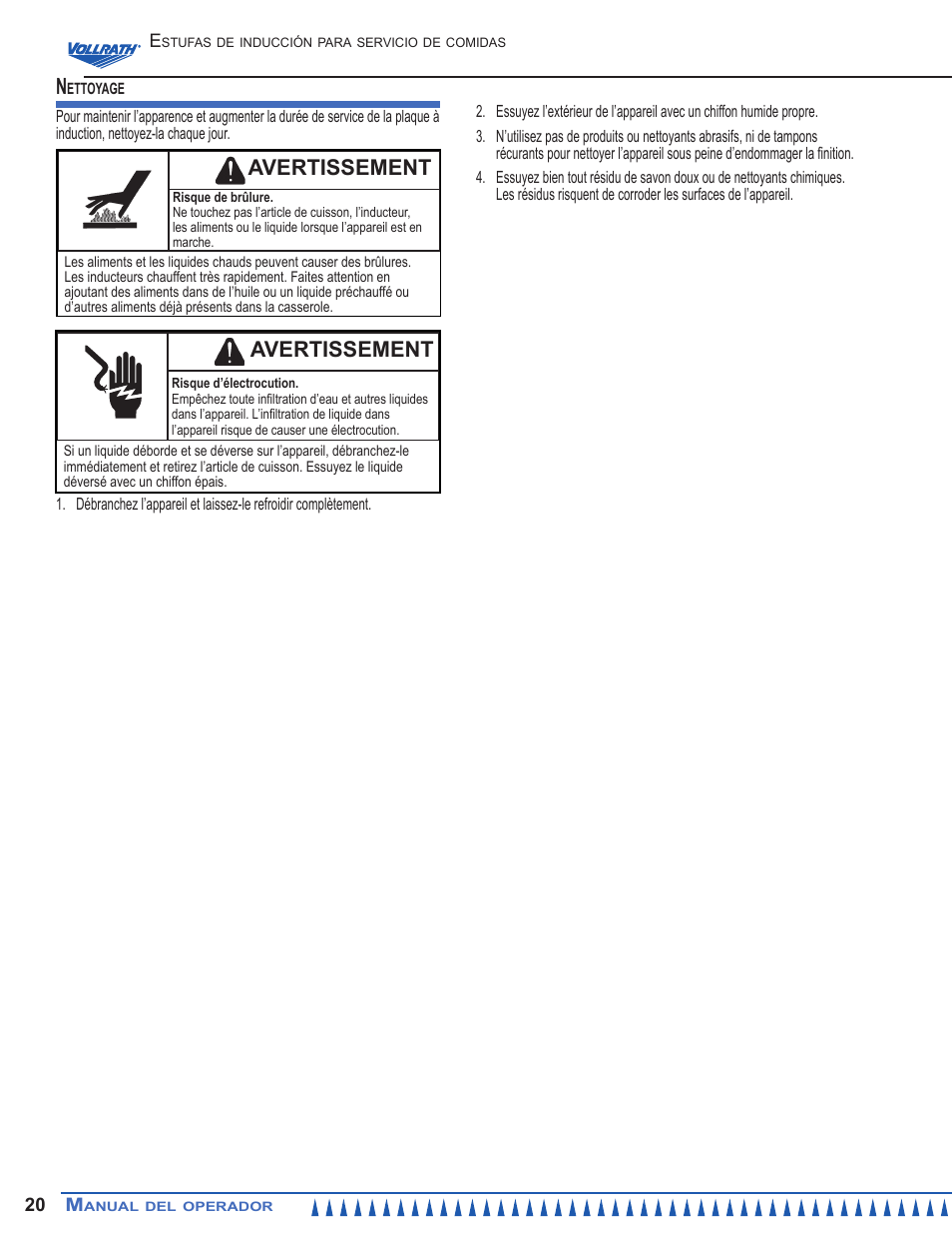 Avertissement | Vollrath Mirage Cadet G1 1800 Watt Countertop Induction Ranges User Manual | Page 20 / 24
