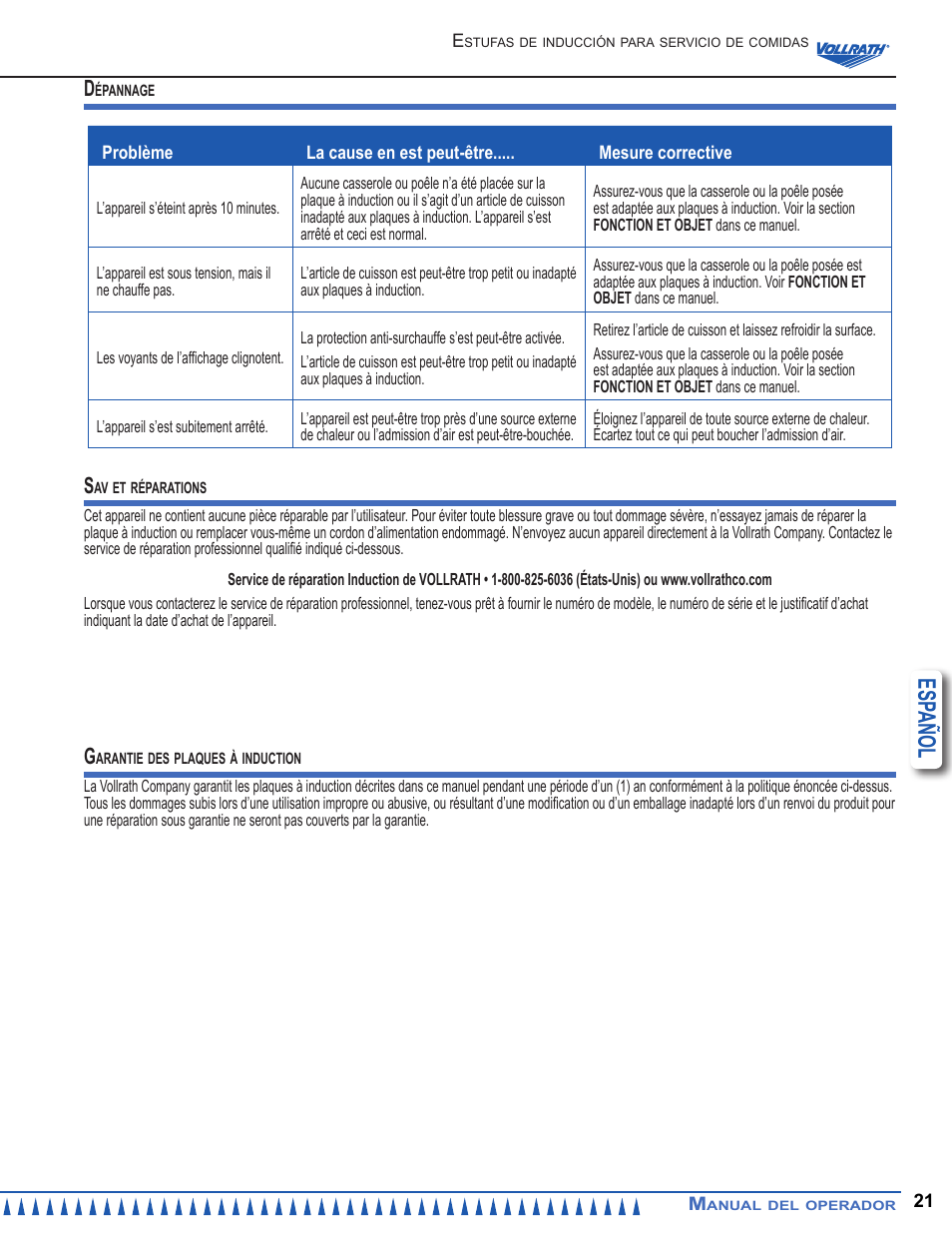 Esp añol | Vollrath Mirage Cadet G1 1800 Watt Countertop Induction Ranges User Manual | Page 21 / 24