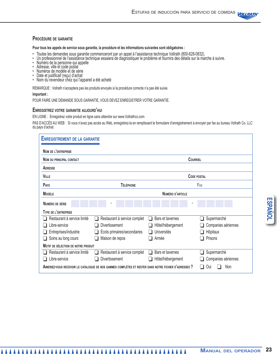Esp añol | Vollrath Mirage Cadet G1 1800 Watt Countertop Induction Ranges User Manual | Page 23 / 24
