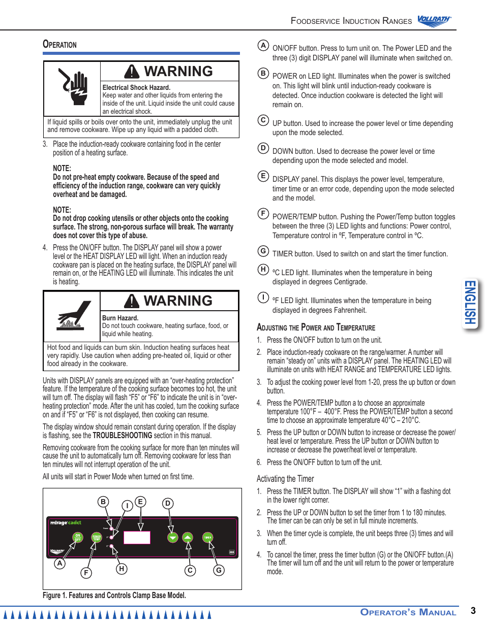 English, Warning | Vollrath Mirage Cadet G1 1800 Watt Countertop Induction Ranges User Manual | Page 3 / 24