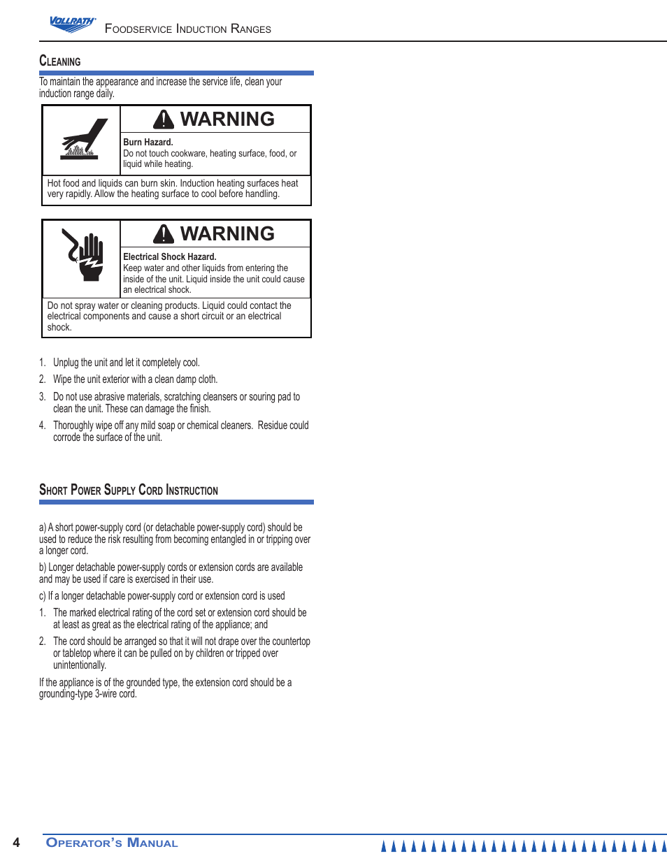 Warning | Vollrath Mirage Cadet G1 1800 Watt Countertop Induction Ranges User Manual | Page 4 / 24