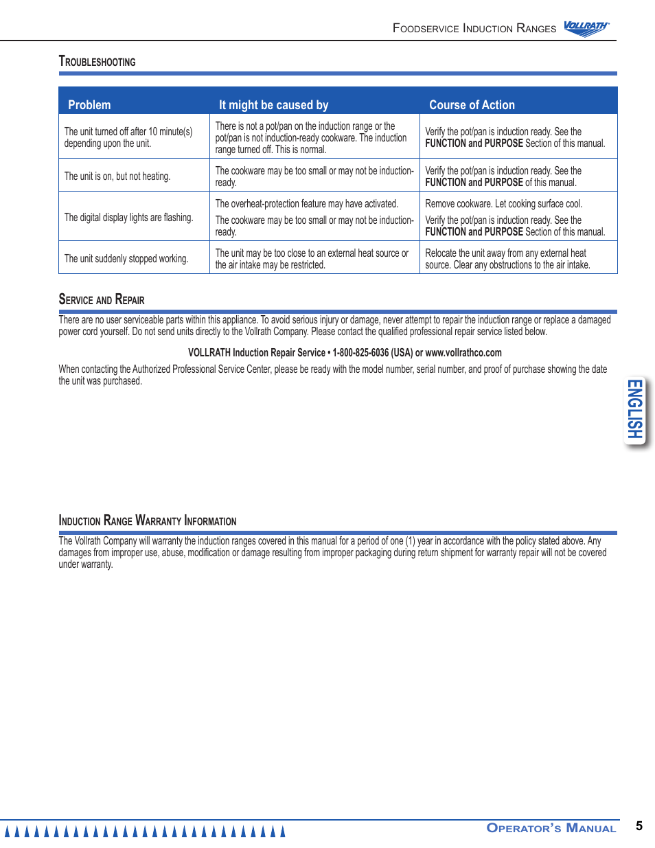 English | Vollrath Mirage Cadet G1 1800 Watt Countertop Induction Ranges User Manual | Page 5 / 24