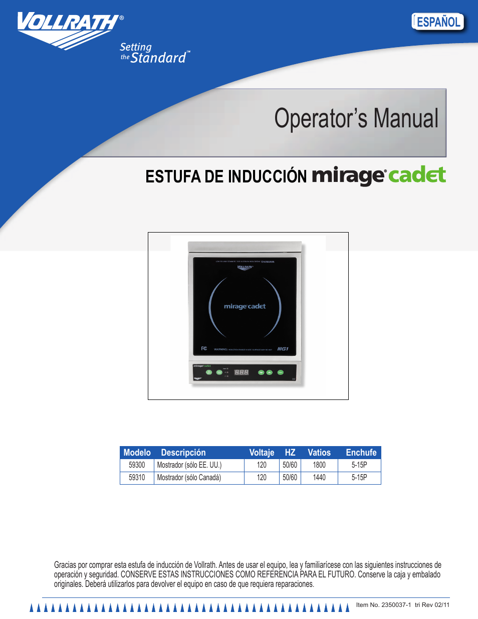 Operator’s manual, Estufa de inducción, English | Español | Vollrath Mirage Cadet G1 1800 Watt Countertop Induction Ranges User Manual | Page 9 / 24