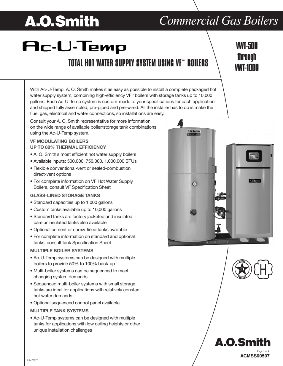 A.O. Smith VWT-500 User Manual | 4 pages