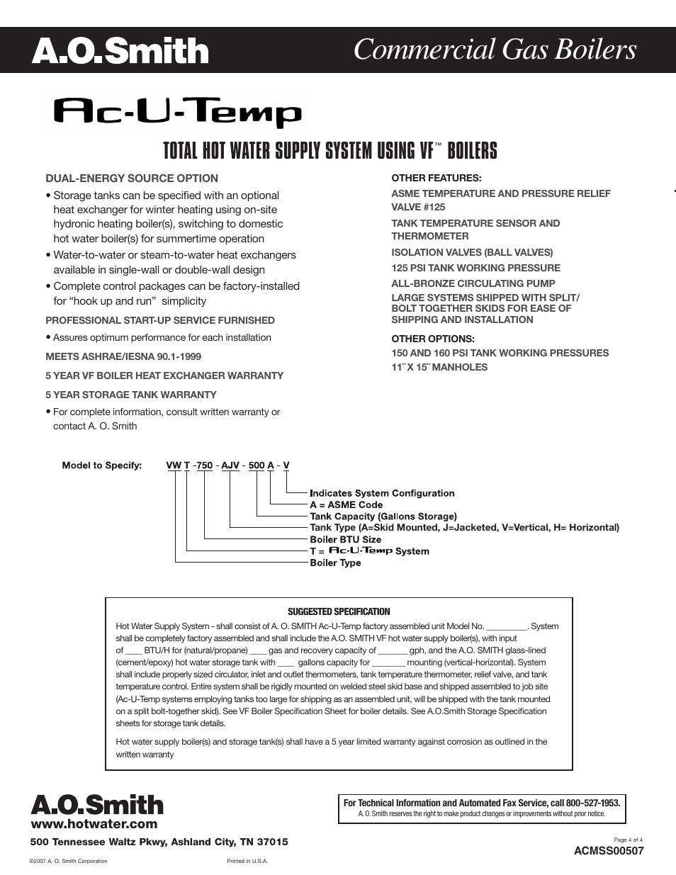 Commercial gas boilers, Total hot water supply system using vf, Boilers | A.O. Smith VWT-500 User Manual | Page 4 / 4