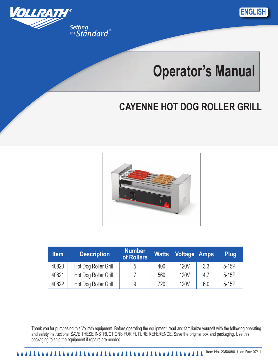 Vollrath Cayenne Hot Dog Roller Grills User Manual | 5 pages