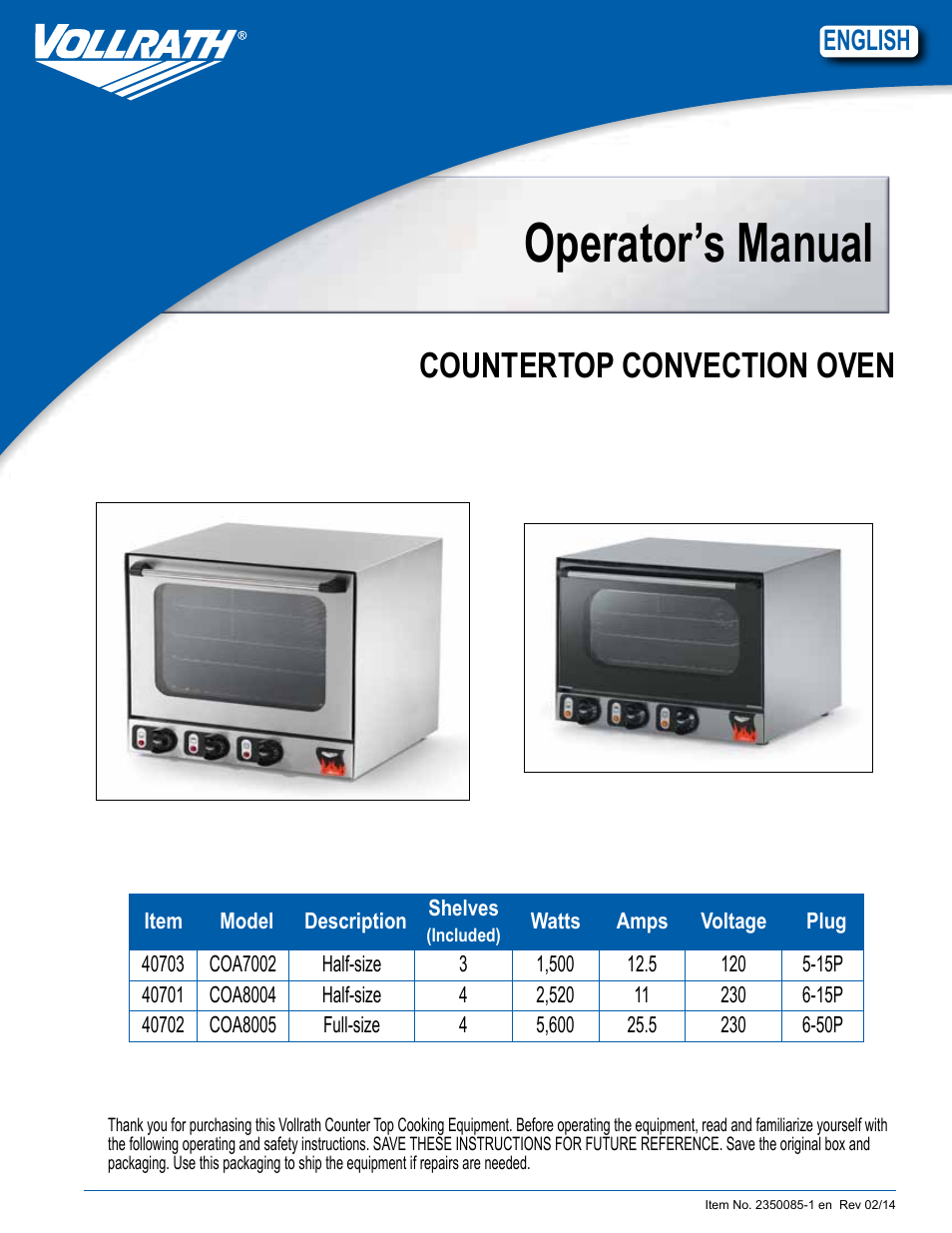 Vollrath Cayenne Convection Ovens Operator Manual User Manual | 16 pages